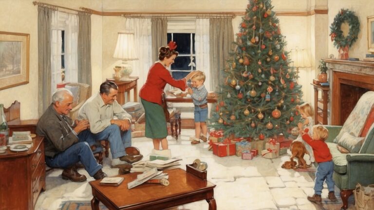 In the cozy living room, a family celebrates Christmas, admiring the evolution of the Christmas tree adorned with ornaments and twinkling lights. Wrapped gifts await as two adults relax, a woman assists a child, and another child joyfully plays with the dog.