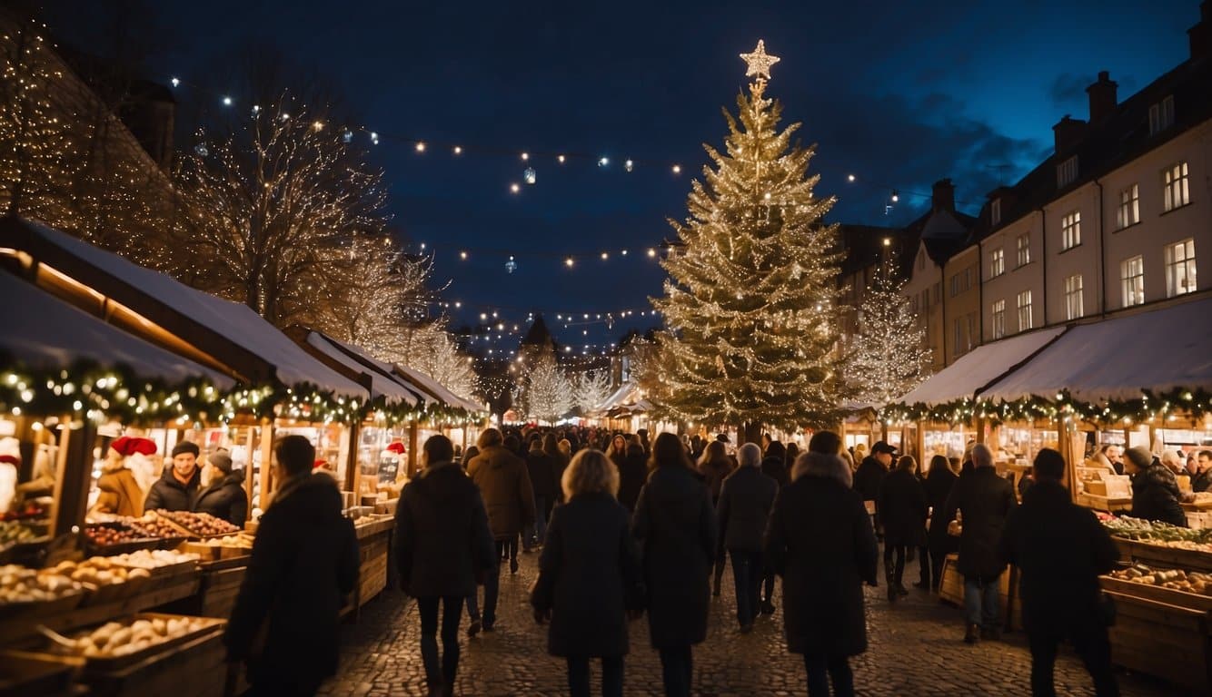 Crowds browse festive stalls at a Christmas market, with twinkling lights, holiday decorations, and a giant tree as a centerpiece