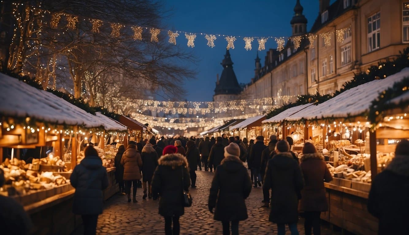 A bustling Christmas market with colorful stalls, twinkling lights, and a variety of festive decorations. Crowds of people browsing and enjoying the holiday spirit