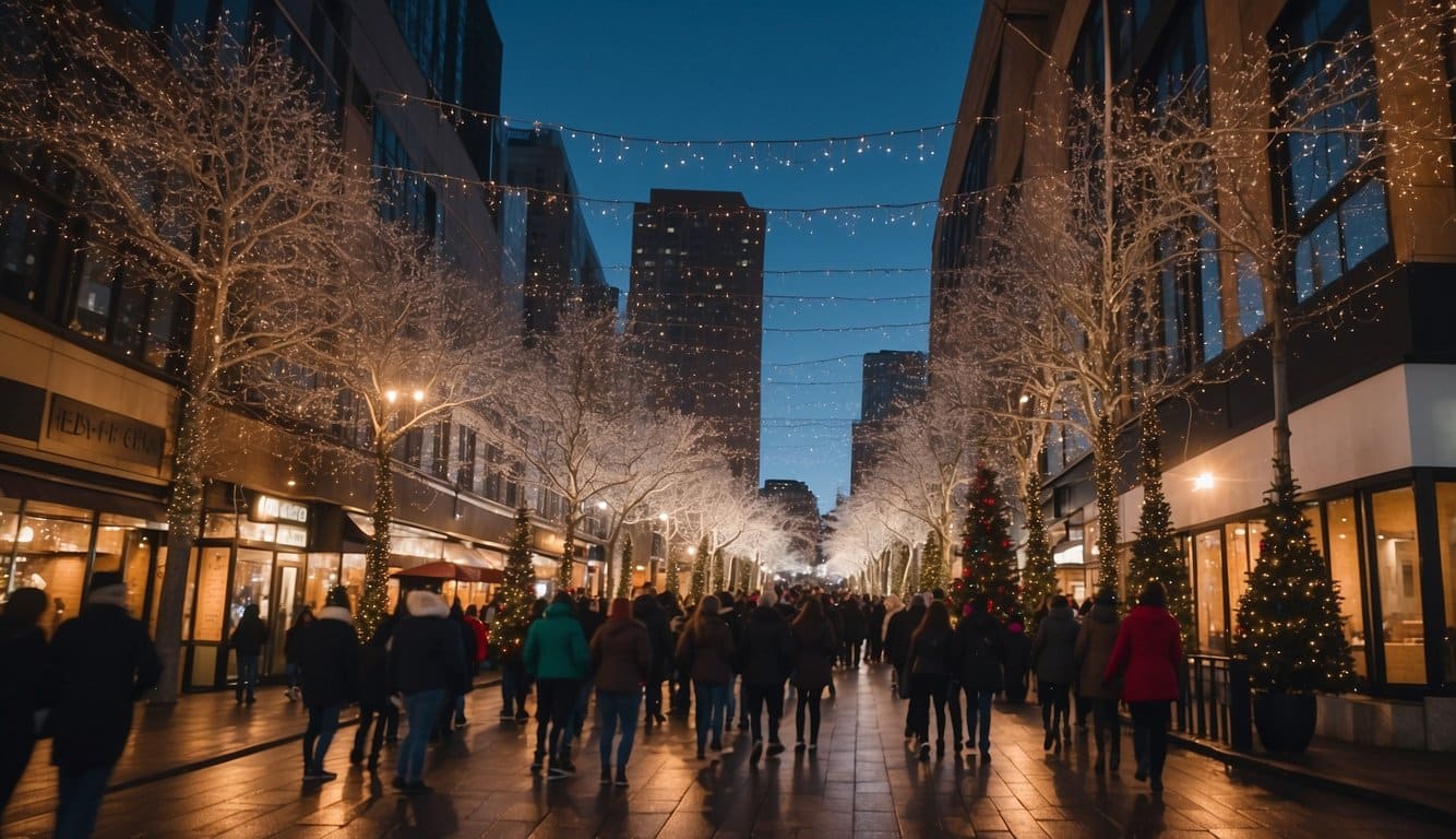 A bustling city street with festive lights, towering Christmas trees, and bustling holiday shoppers. Snowflakes gently fall from the sky, adding to the magical atmosphere of the urban Christmas scene in Seattle, Washington