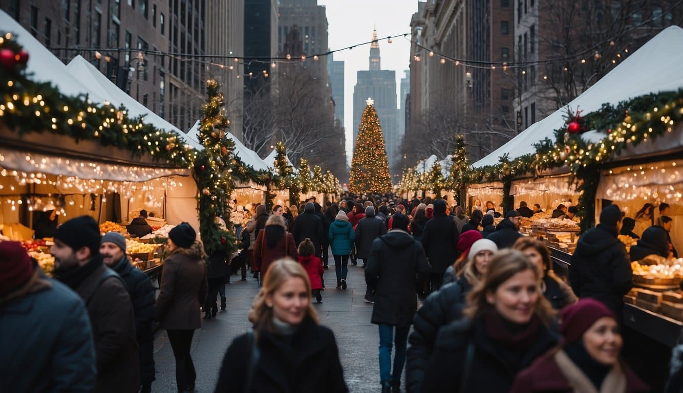 Busy holiday market in NYC with historic buildings in the background. Festive decorations, twinkling lights, and bustling crowds create a lively atmosphere