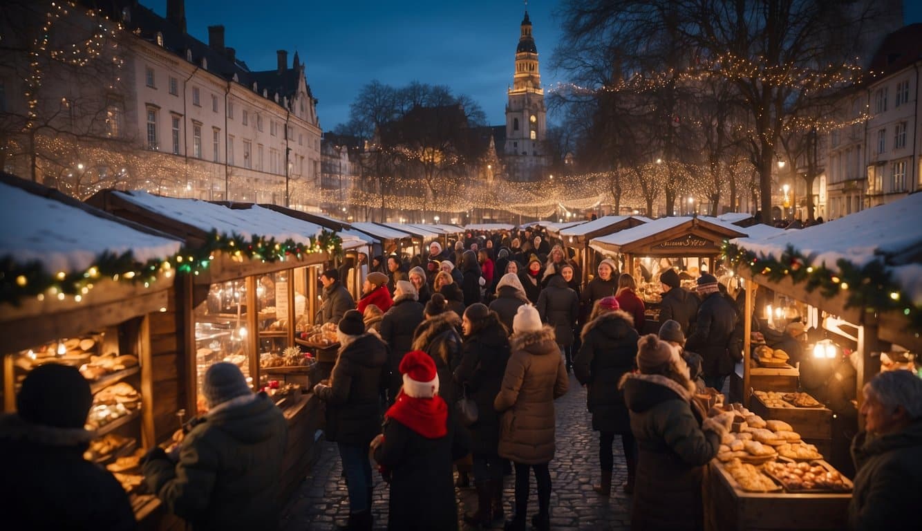 Crowds gather around festive stalls in historic city squares, adorned with twinkling lights and traditional decorations. Vendors offer handmade crafts and seasonal treats, while the sounds of carolers and holiday music fill the air