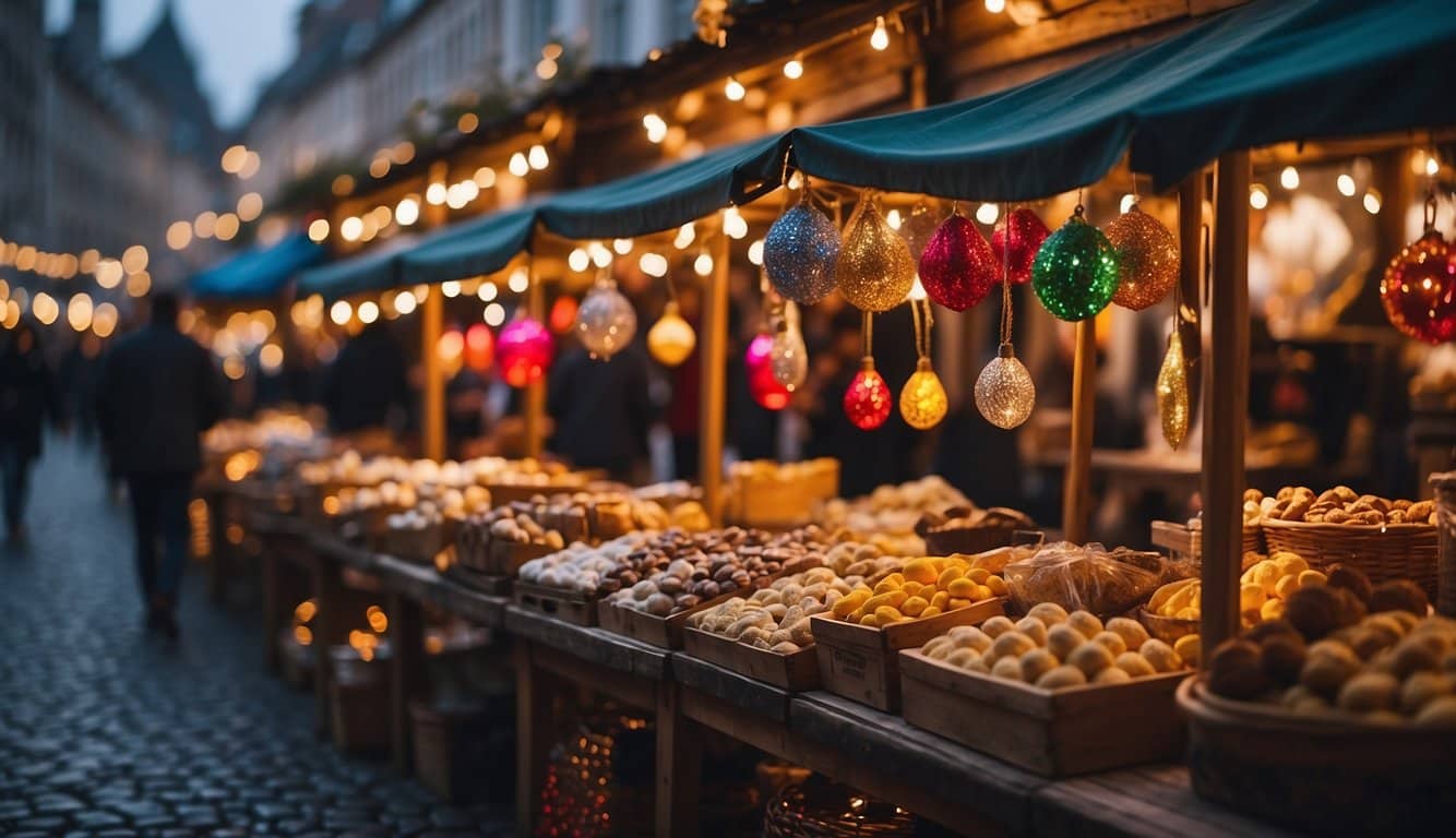 Colorful stalls line the cobblestone streets, adorned with festive lights and decorations. The air is filled with the sounds of live music and the aroma of traditional holiday treats