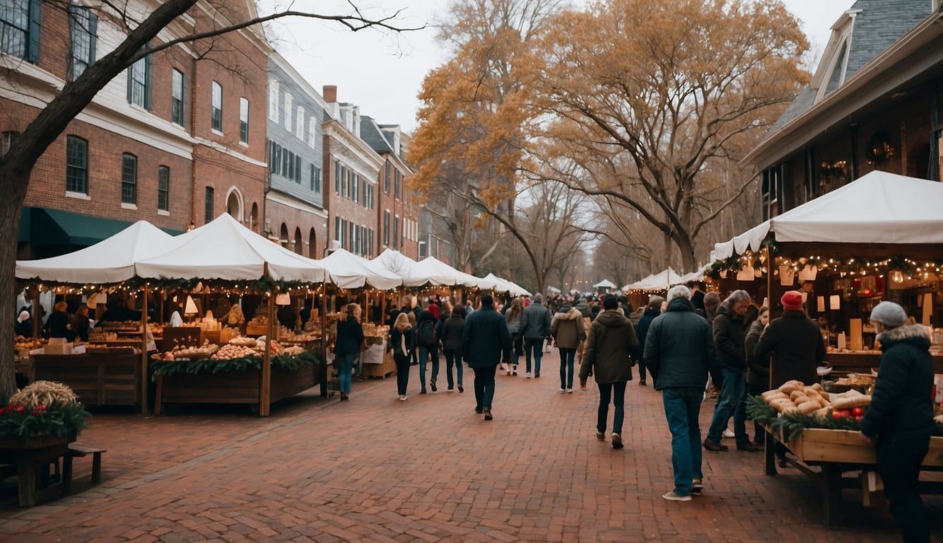 A bustling Christmas market in Williamsburg, Virginia, with historic buildings and festive decorations