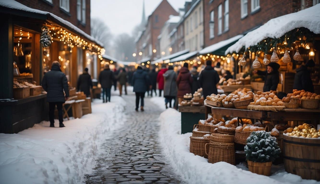 Snow-covered cobblestone streets lined with festive market stalls selling handmade ornaments and traditional holiday treats. Old brick buildings adorned with twinkling lights and wreaths create a cozy, historic atmosphere