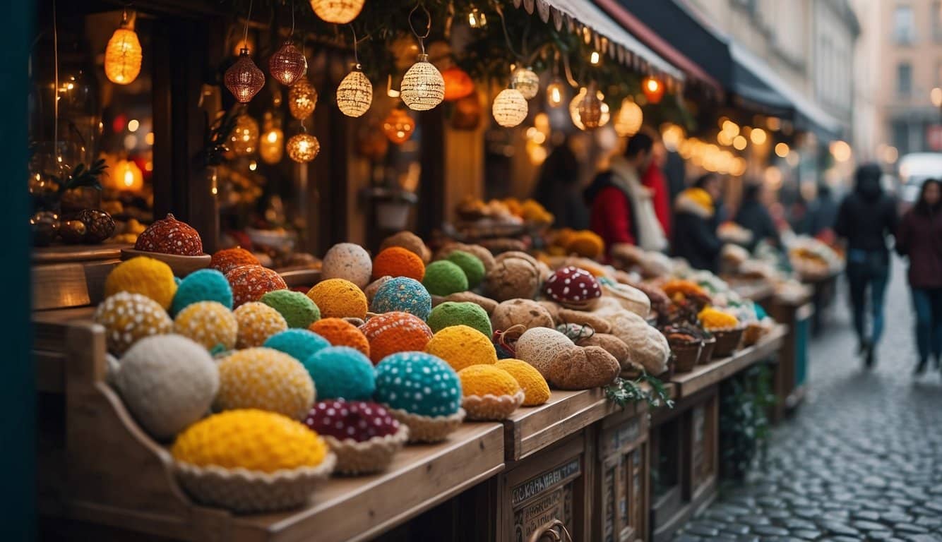 Colorful stalls line cobblestone streets, adorned with festive lights and decorations. Visitors browse handmade crafts and sample traditional holiday treats