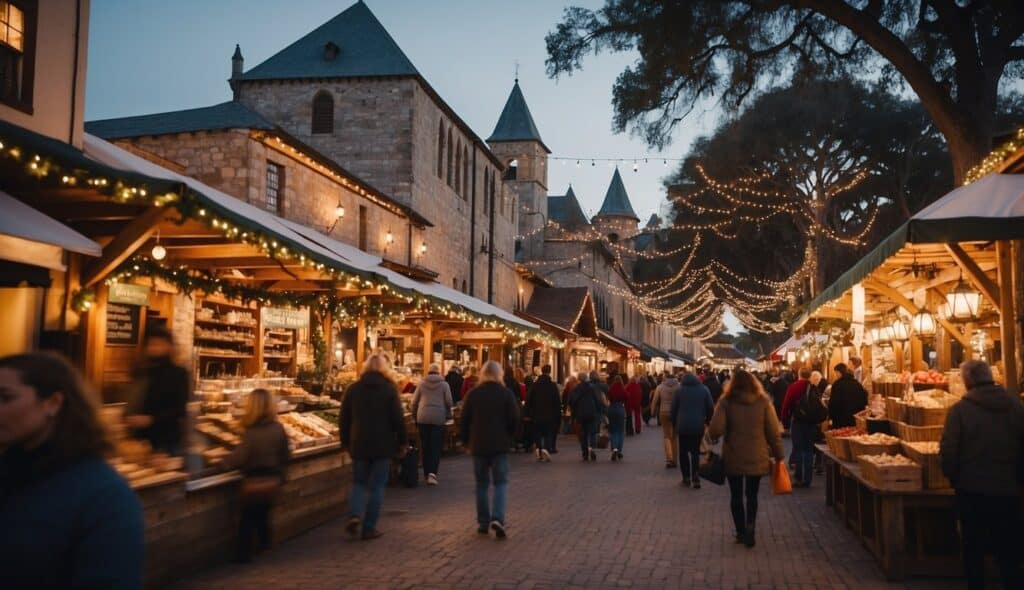 People walk through a festive outdoor market set up along a cobblestone street, lined with wooden stalls adorned with string lights, with historic stone buildings in the background.