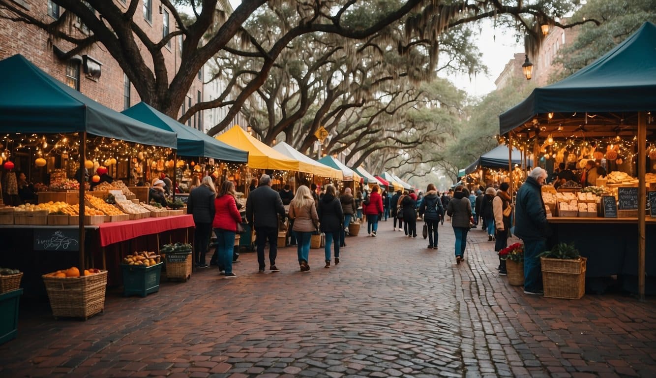 Colorful holiday market stalls line cobblestone streets in Savannah, Georgia. Festive decorations adorn historic buildings, while locals and tourists browse for unique gifts and treats