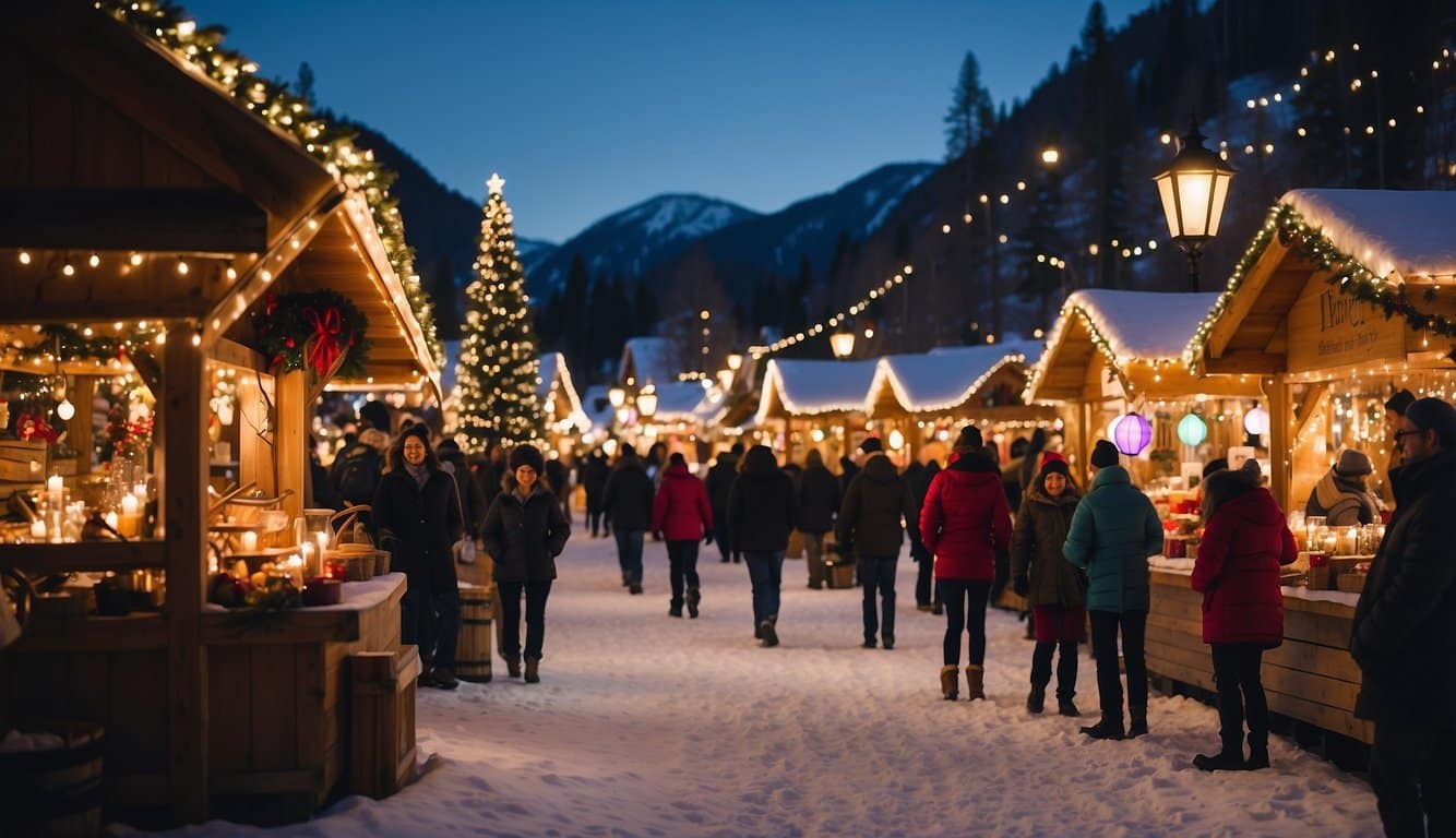 The Leavenworth Christmas Lighting Festival in Washington features charming market stalls and festive decorations