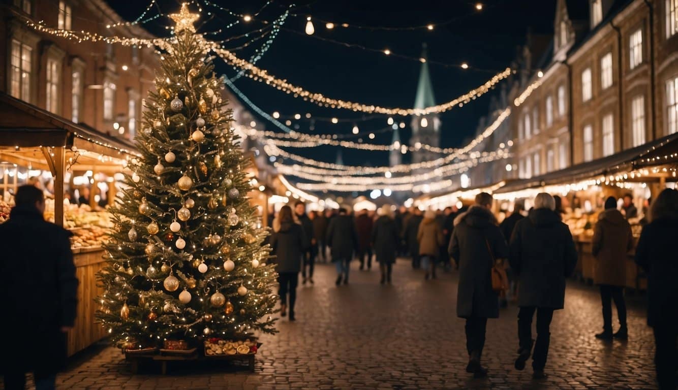 A bustling Christmas market fills a historic city square with twinkling lights, festive decorations, and vendors selling unique holiday gifts and treats