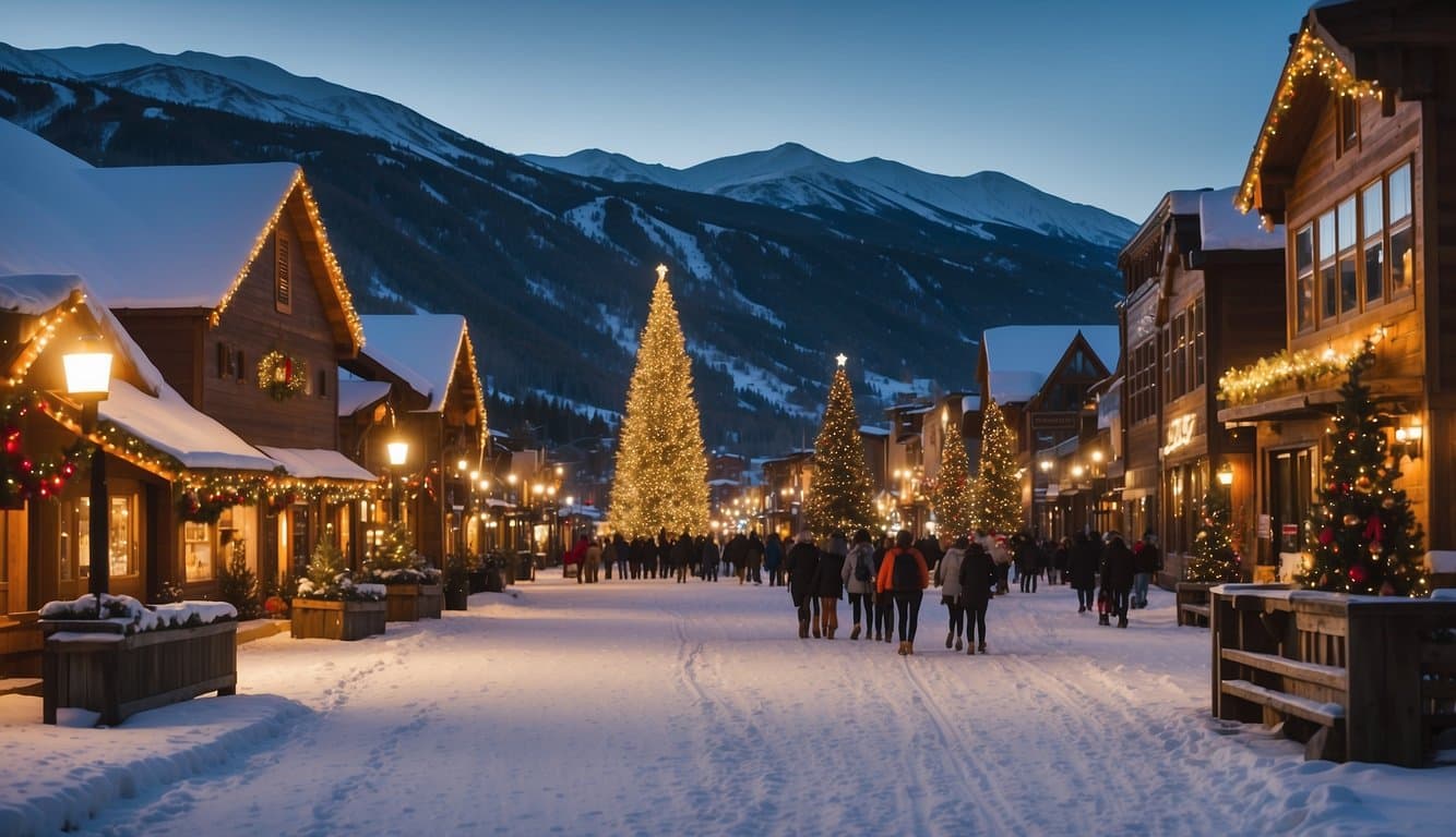 Snow-covered streets lined with twinkling lights, cozy cabins adorned with wreaths, and a towering Christmas tree in the town square. Festive decorations and a backdrop of majestic mountains create a picturesque holiday scene in Breckenridge, Colorado