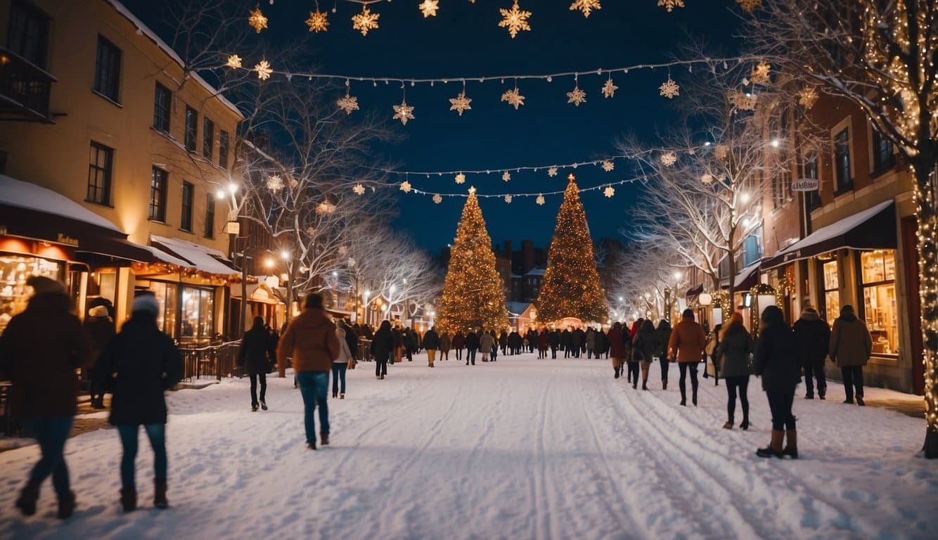 Snow-covered streets lined with twinkling lights and cozy storefronts. A towering Christmas tree in the town square, surrounded by joyful locals and visitors