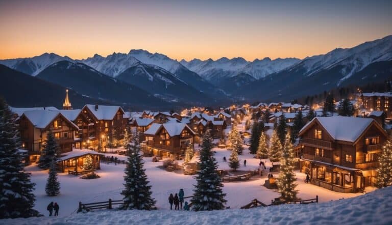 Snow-covered village at dusk, nestled in a mountain valley. Cozy chalets with warm lights, people walking, snow-covered trees, and distant mountain peaks create a serene winter landscape.