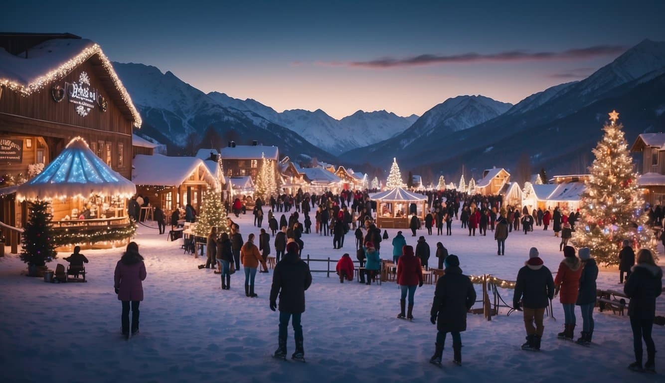 Snow-covered mountains with colorful lights and festive decorations lining the streets. People ice skating on a frozen pond, while others sip hot cocoa near a crackling fire