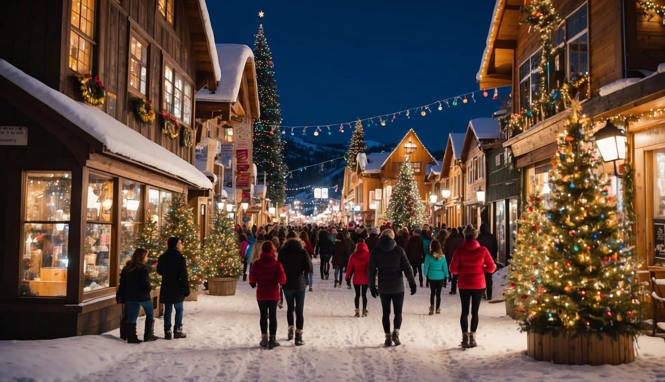 Snow-covered streets lined with twinkling lights, festive wreaths adorning storefronts, and a towering Christmas tree in the town square. Skiers in colorful gear mingle with locals and visitors, all enjoying the holiday spirit in the picturesque mountain town of V