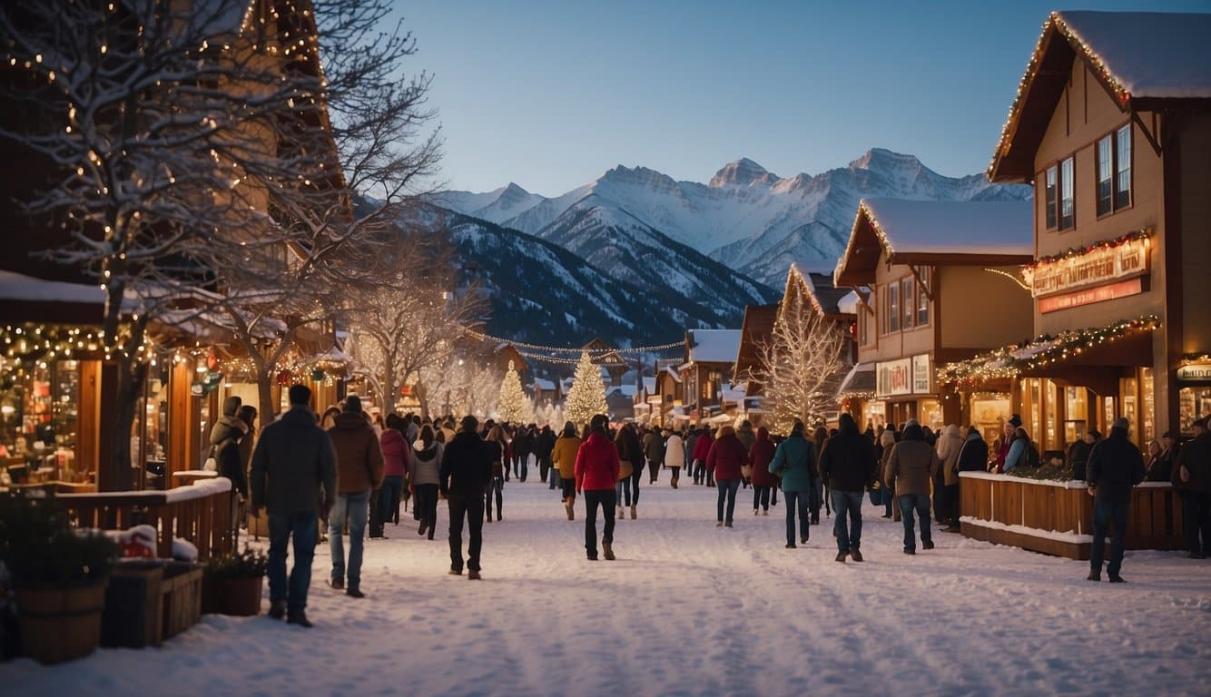 Snow-covered mountains frame a quaint town square bustling with holiday cheer. Festive lights twinkle against adobe buildings, while locals and visitors enjoy the festive atmosphere of Christmas in the Rockies