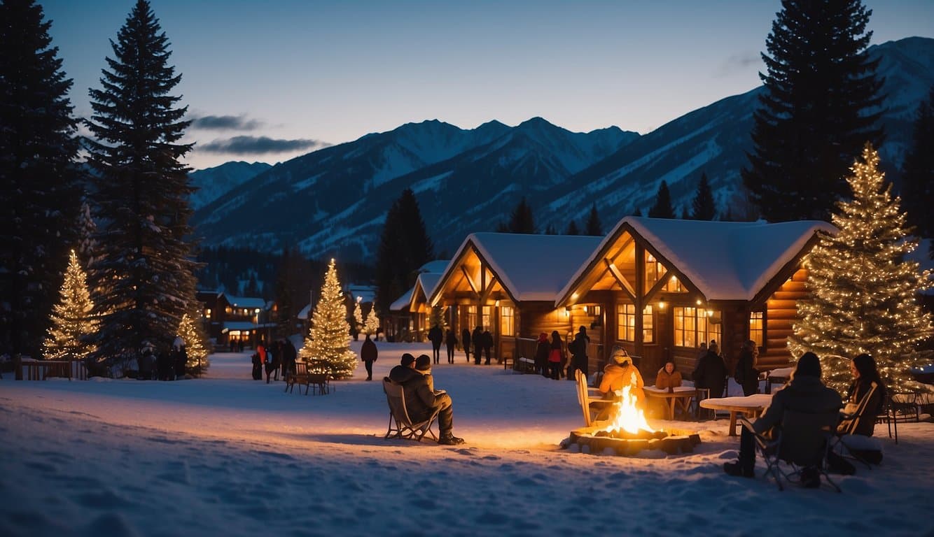 Snow-covered mountains, cozy cabins, twinkling lights, and a festive atmosphere in Sun Valley, Idaho. Skiers enjoying the slopes, while others gather around bonfires and sip hot cocoa