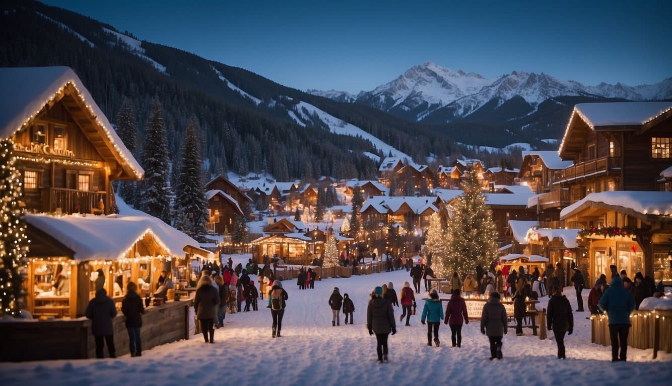 Snow-covered mountain town with twinkling lights, cozy cabins, and festive decorations. Skiers and snowboarders enjoy the slopes while families gather around bonfires. A charming Christmas market offers handmade gifts and hot cocoa