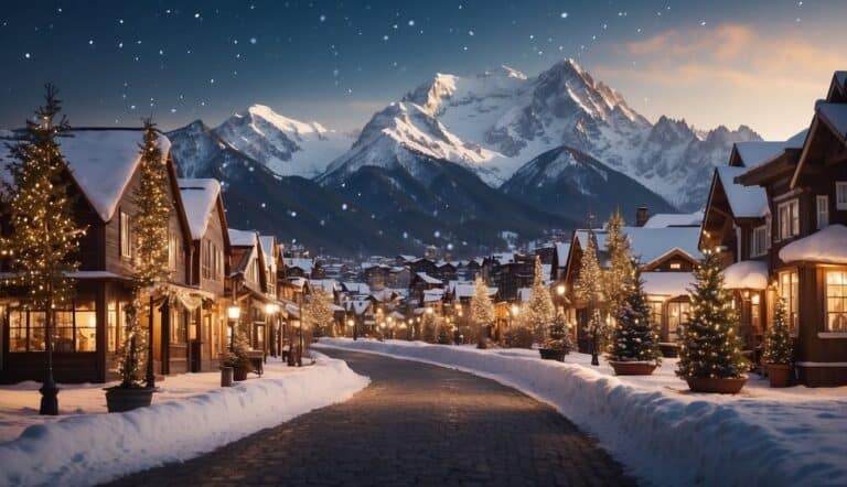 Snow-covered village street with Christmas trees and decorated wooden houses, under a starry sky with mountains in the background.