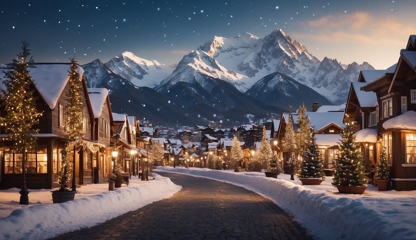 A snowy mountain town adorned with twinkling lights and festive decorations, with a backdrop of majestic peaks and a cozy atmosphere