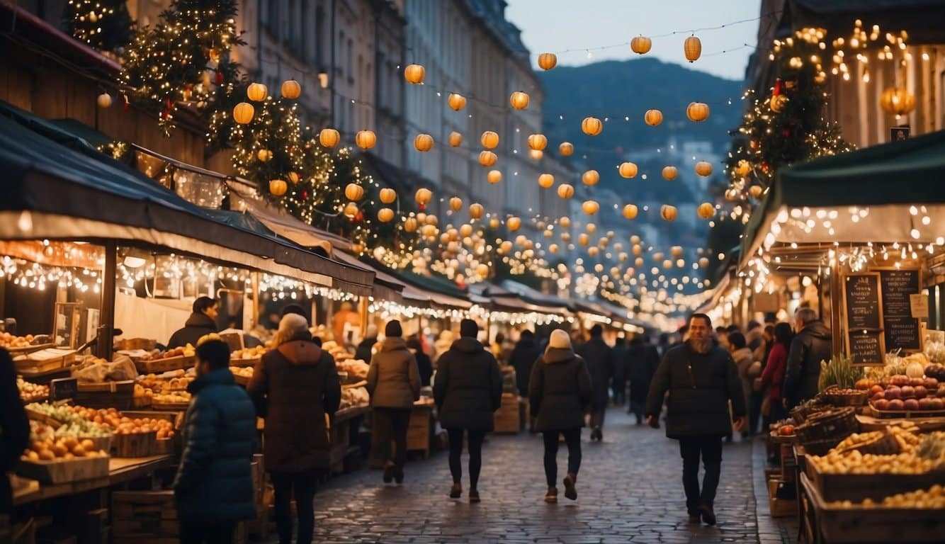 Bustling market with festive stalls and twinkling lights, showcasing local crafts and holiday treats