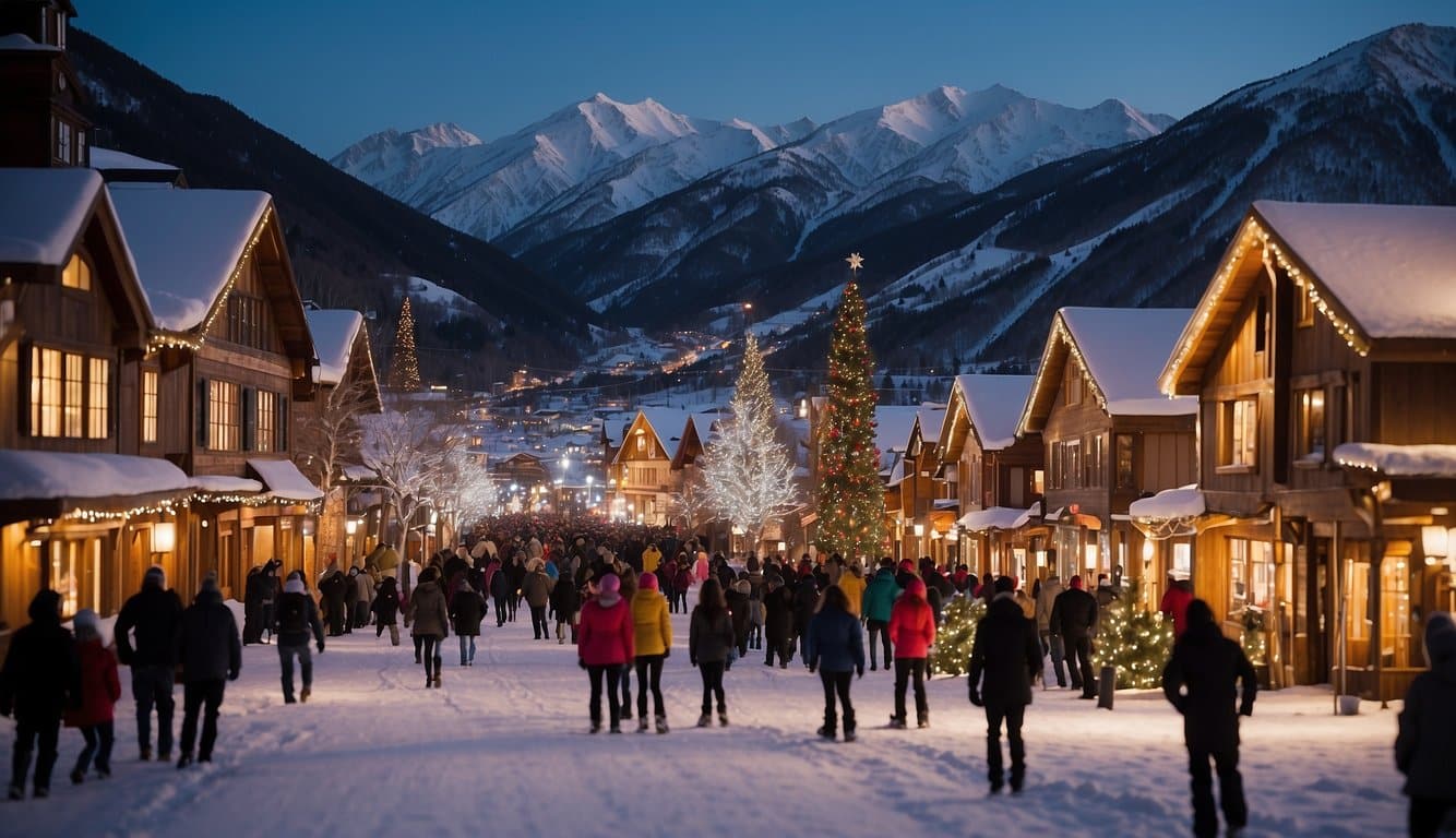 Snow-covered mountain town with twinkling lights, festive decorations, and a bustling town square. Skiers and snowboarders enjoy the slopes while families gather for holiday events and activities