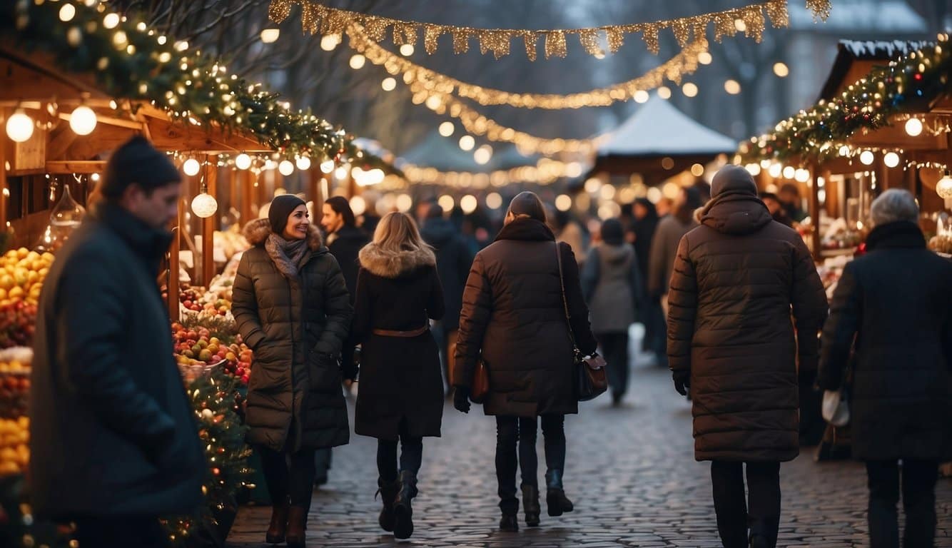 Visitors stroll among festive stalls, adorned with twinkling lights and colorful decorations. The scent of mulled wine and roasted chestnuts fills the air as vendors offer unique gifts and holiday treats