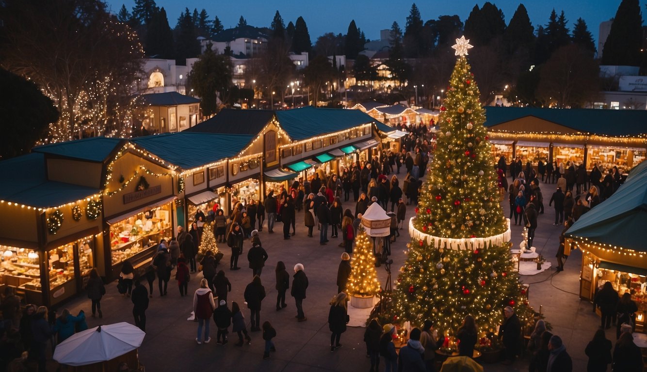 The Redwood City Hometown Holidays Christmas markets bustle with festive activity, featuring brightly decorated stalls, twinkling lights, and joyful carolers