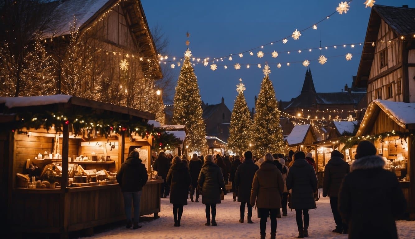 The European Christmas Market at the Vikings Museum is bustling with festive stalls and twinkling lights. The aroma of mulled wine and roasted chestnuts fills the air, while visitors browse traditional crafts and enjoy live music