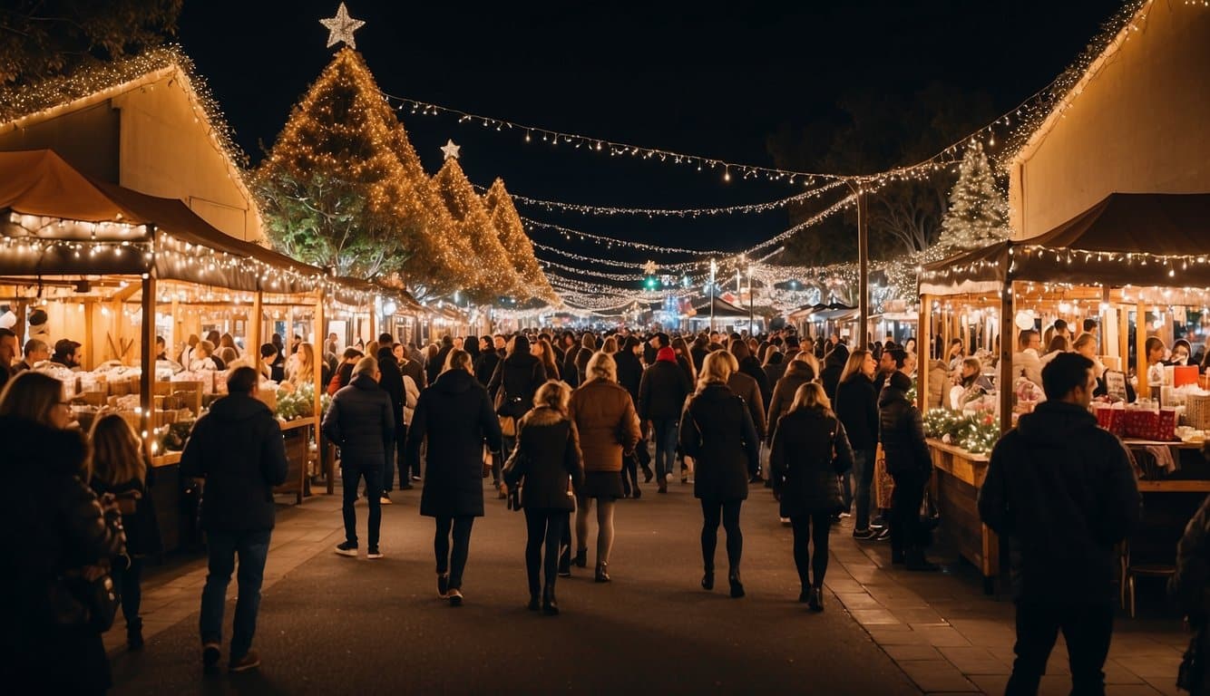 The bustling Pomona Christmas markets at the Harvest Festival, filled with colorful stalls, twinkling lights, and joyful crowds