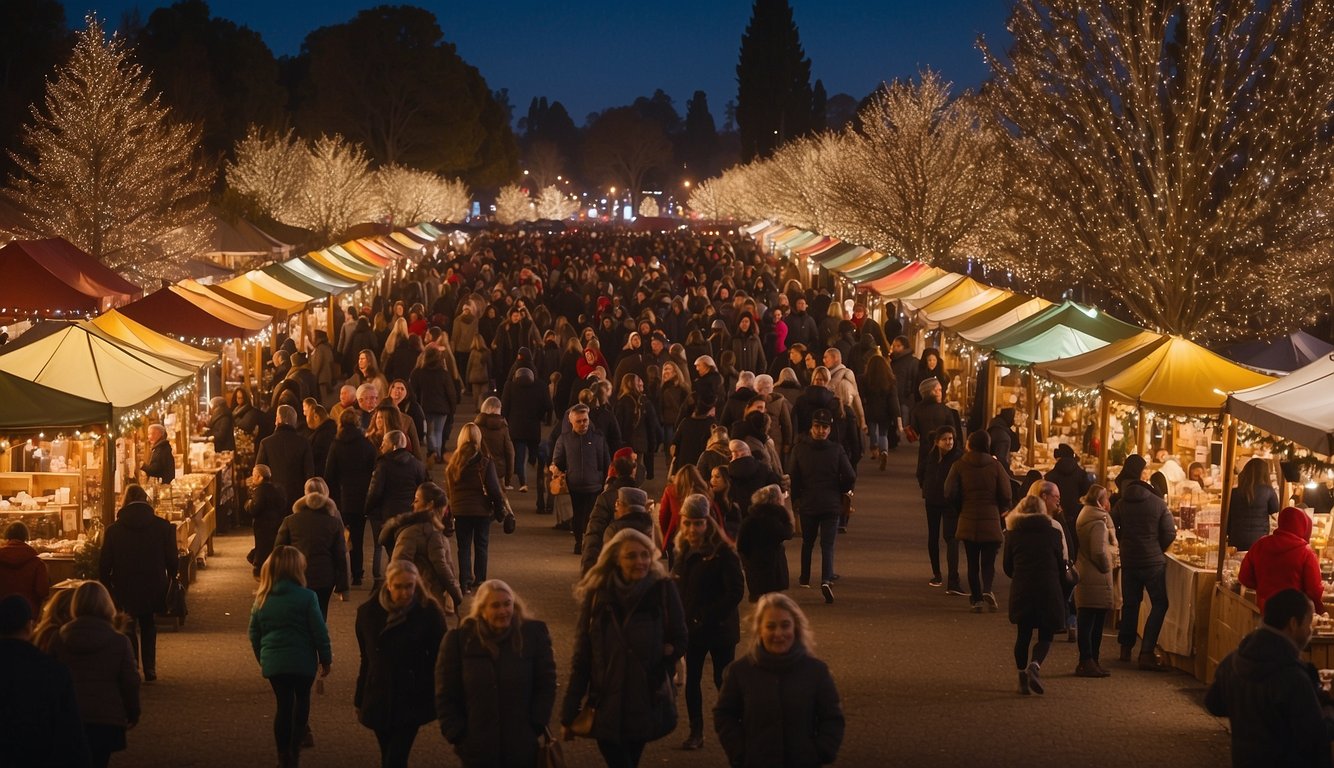 Crowds browse festive stalls under twinkling lights at a California Christmas market. Vendors sell handmade crafts, seasonal treats, and hot drinks. A giant decorated tree stands as a centerpiece