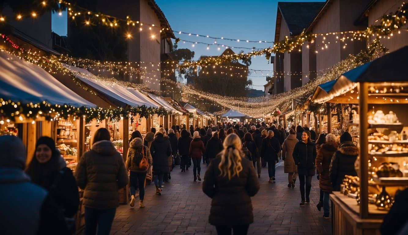 A bustling Christmas market in California, with colorful stalls, twinkling lights, and festive decorations. Visitors browse through unique handcrafted gifts and enjoy the merry atmosphere