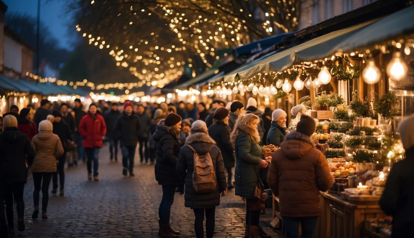 Crowds browse festive stalls, filled with handmade crafts and seasonal treats. Twinkling lights adorn the market, creating a warm and inviting atmosphere