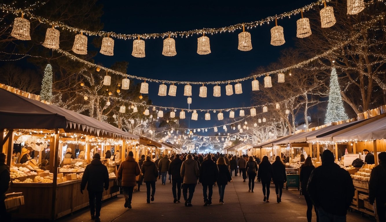 Snow-covered market stalls, twinkling lights, and festive decorations fill the Winter Wonderland Festival in San Diego. Visitors enjoy holiday treats and browse handmade crafts at the Christmas markets in California