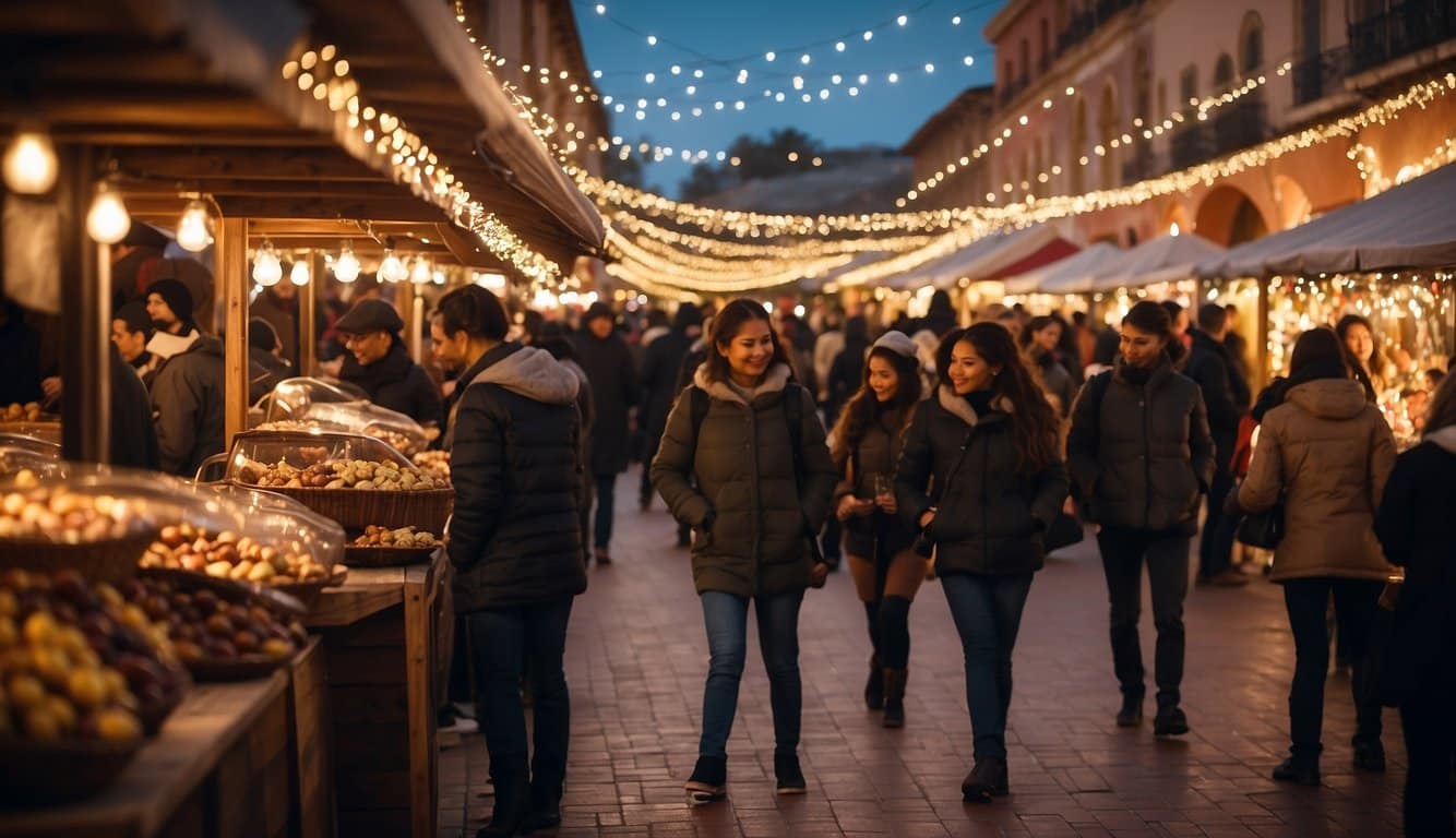 Colorful lights illuminate the Union Street Christmas market in San Francisco, creating a festive and magical atmosphere