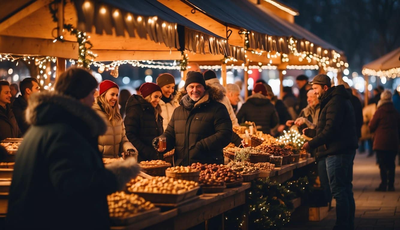 The Christkindl Market in Arlington, Texas bustles with vendors selling holiday treats and handmade crafts. Twinkling lights adorn the stalls, and the air is filled with the scent of spiced cider and roasted nuts