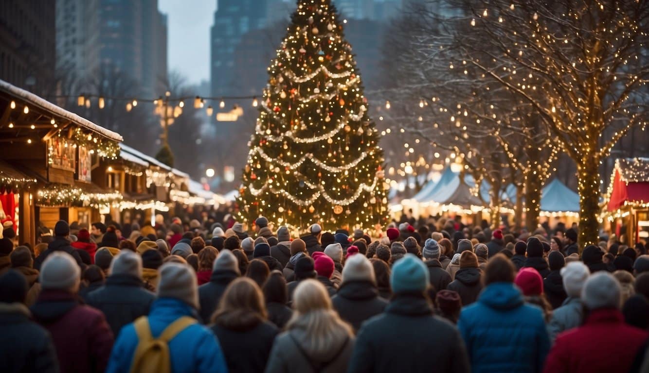 Crowds browse festive stalls, adorned with twinkling lights and colorful decorations. Vendors sell artisanal crafts, local treats, and holiday gifts. A giant Christmas tree stands in the center, surrounded by joyful carolers