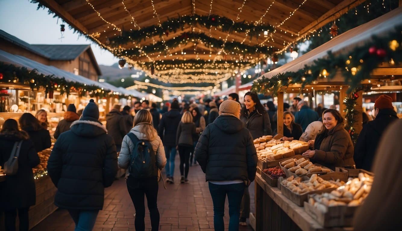 A bustling Christmas market in California, with vendors selling festive goods and visitors enjoying holiday treats and entertainment