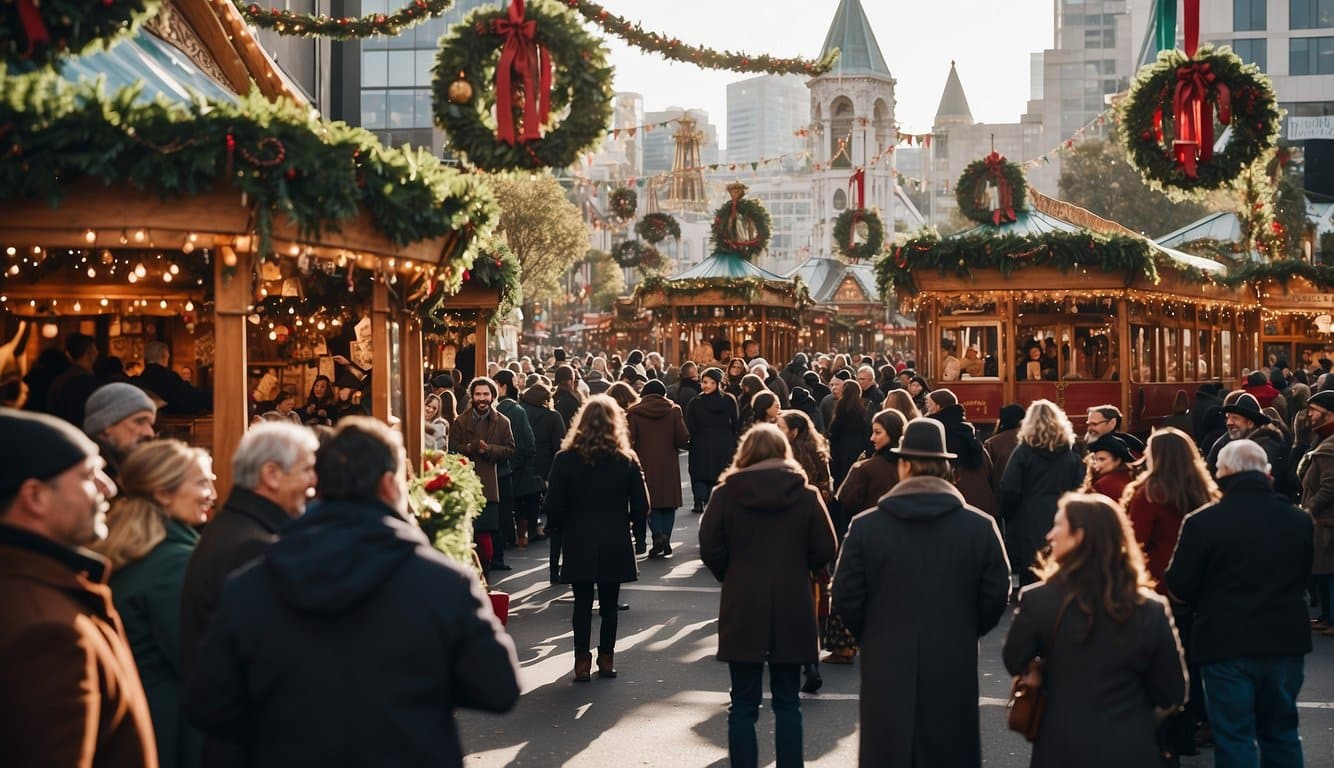 The bustling Great Dickens Christmas Fair in San Francisco, with colorful market stalls, festive decorations, and joyful carolers