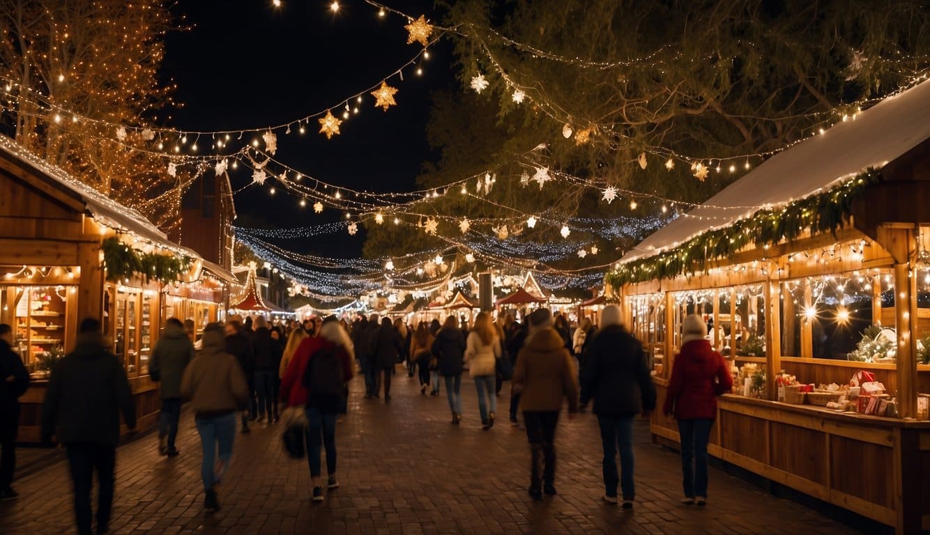 The festive Christmas market in Old Sacramento, California, features charming wooden stalls adorned with twinkling lights and holiday decorations