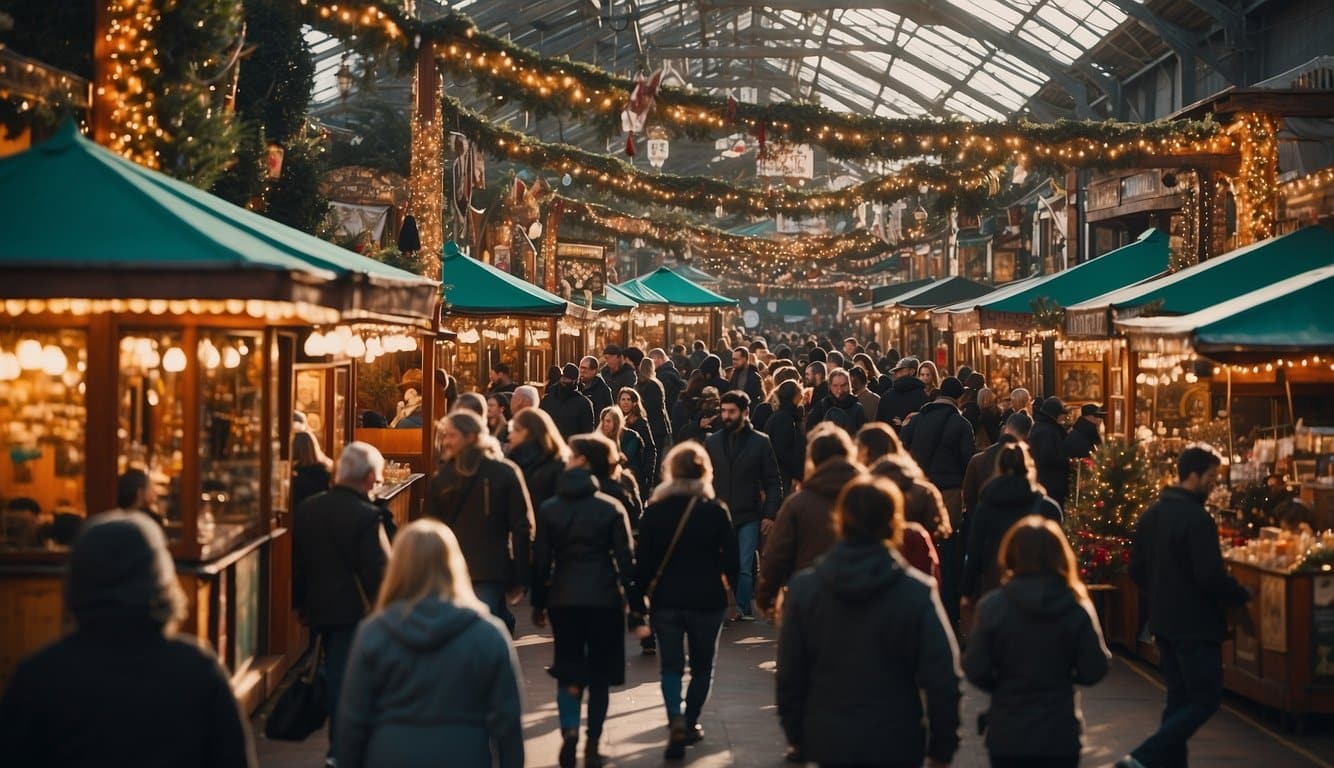 The Santa Cruz Holiday Market bustles with festive activity, adorned with twinkling lights and colorful decorations. Vendors display an array of handcrafted goods while the scent of cinnamon and hot cocoa fills the air