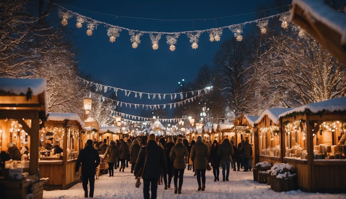 The Winter Wonderland Festival at Alameda features festive Christmas markets with twinkling lights and cozy wooden stalls, surrounded by snow-covered trees and joyful holiday music