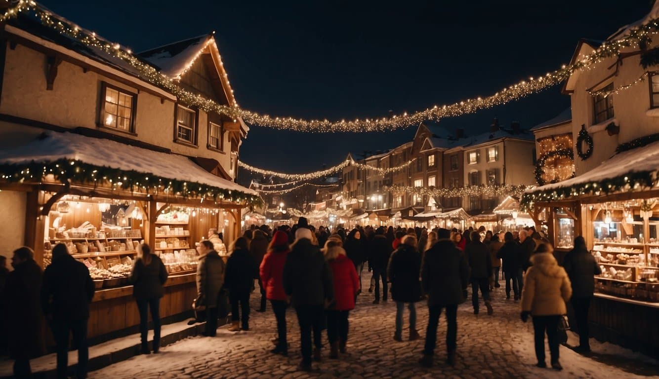 The historic district is adorned with festive lights and bustling with vendors selling handmade crafts and holiday treats at the Christmas market