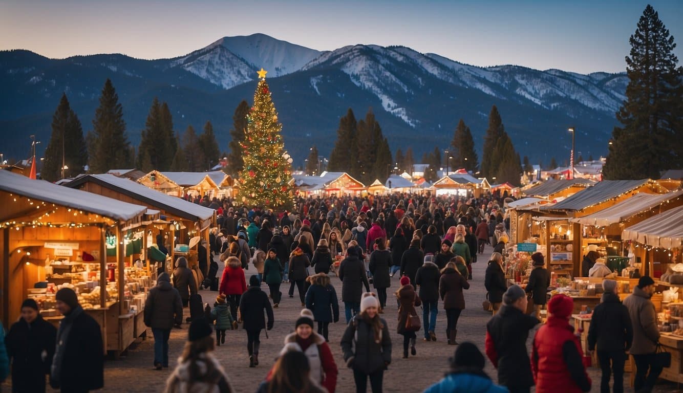 A bustling holiday bazaar at Lake Tahoe, adorned with festive lights and colorful stalls selling handmade crafts and local treats. Snow-capped mountains provide a picturesque backdrop to the bustling Christmas market