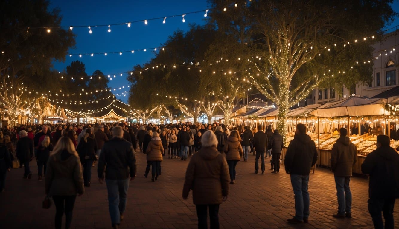 The Old Sacramento Waterfront Holiday Market bustles with festive stalls and twinkling lights, surrounded by historic buildings and the glimmering river