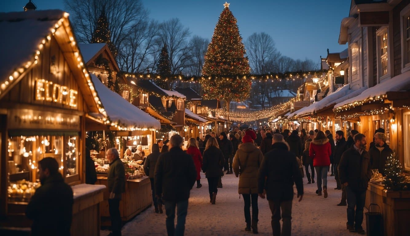 A bustling Christmas market with quaint wooden stalls, twinkling lights, and festive decorations in the charming town of Elkhart Lake, Wisconsin