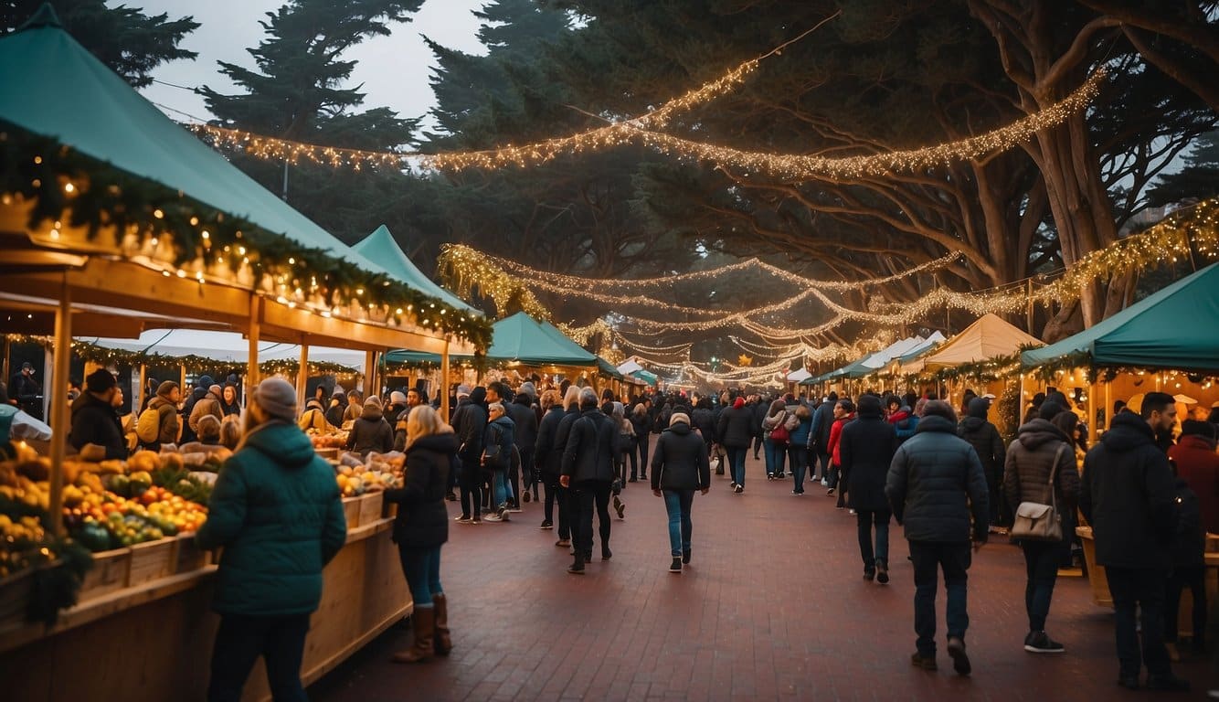 The bustling Golden Gate Park Holiday Market, with festive stalls and twinkling lights, captures the spirit of San Francisco's Christmas markets in 2024