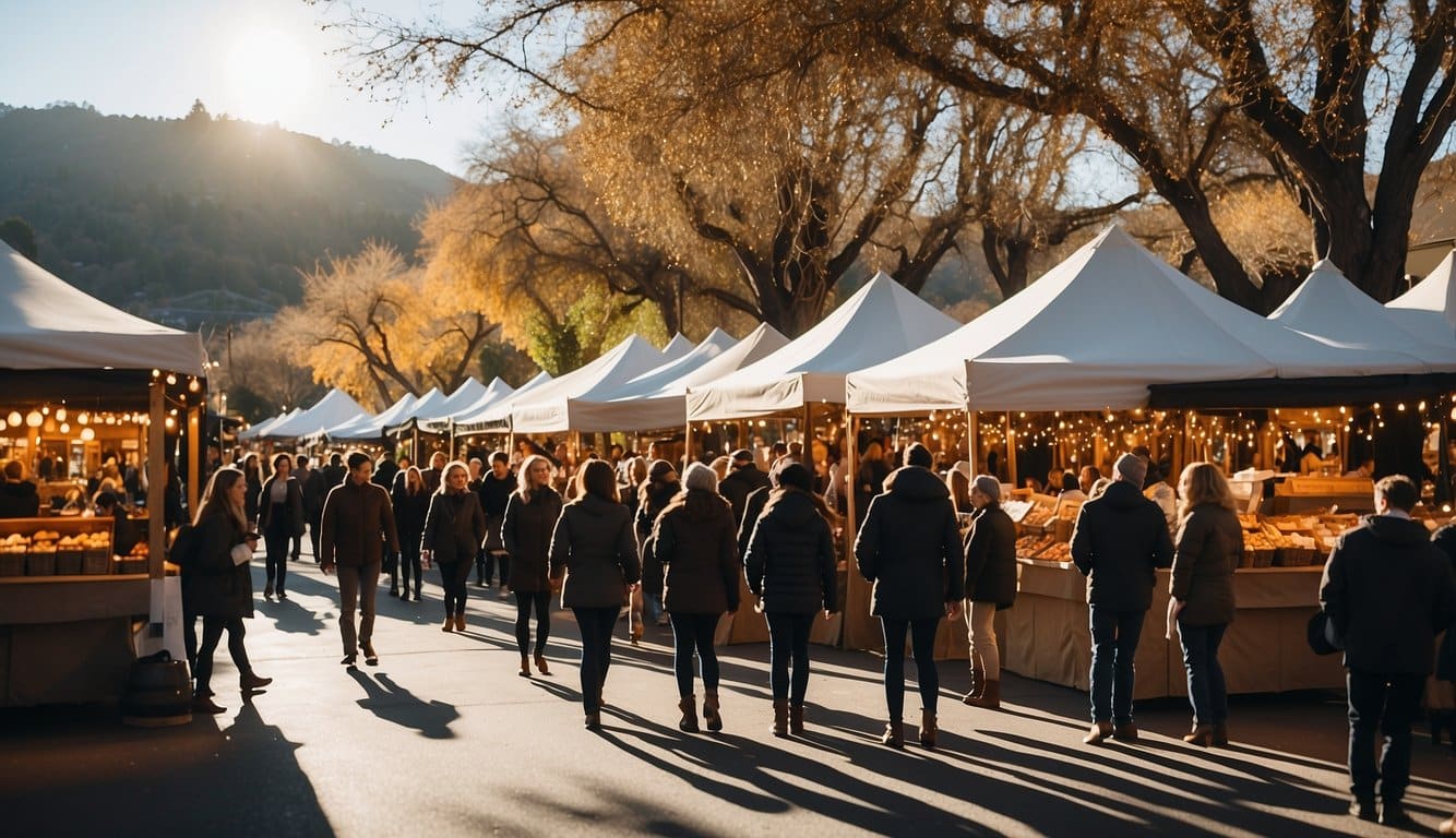 The Yountville Winter Market bustles with festive stalls and twinkling lights, as visitors browse artisanal goods and sip hot drinks in the crisp northern California air