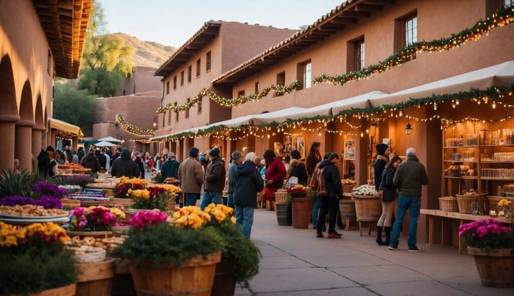 People browse outdoor market stalls decorated with string lights along a building with a southwestern architectural style. Pots of flowers and baskets of goods are arranged in the foreground.