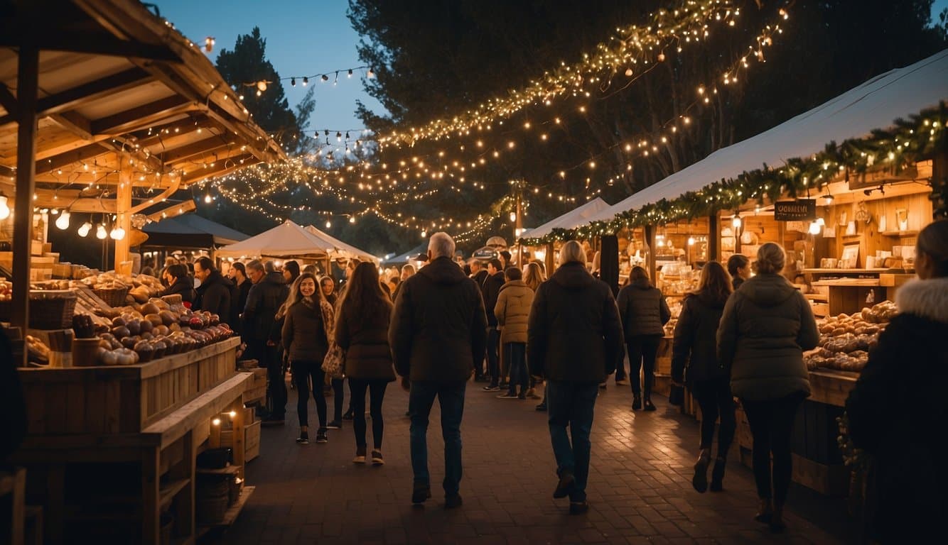 The Sonoma Valley Christmas Market in 2024 features festive stalls, twinkling lights, and a cozy atmosphere, with visitors browsing handmade crafts and savoring seasonal treats